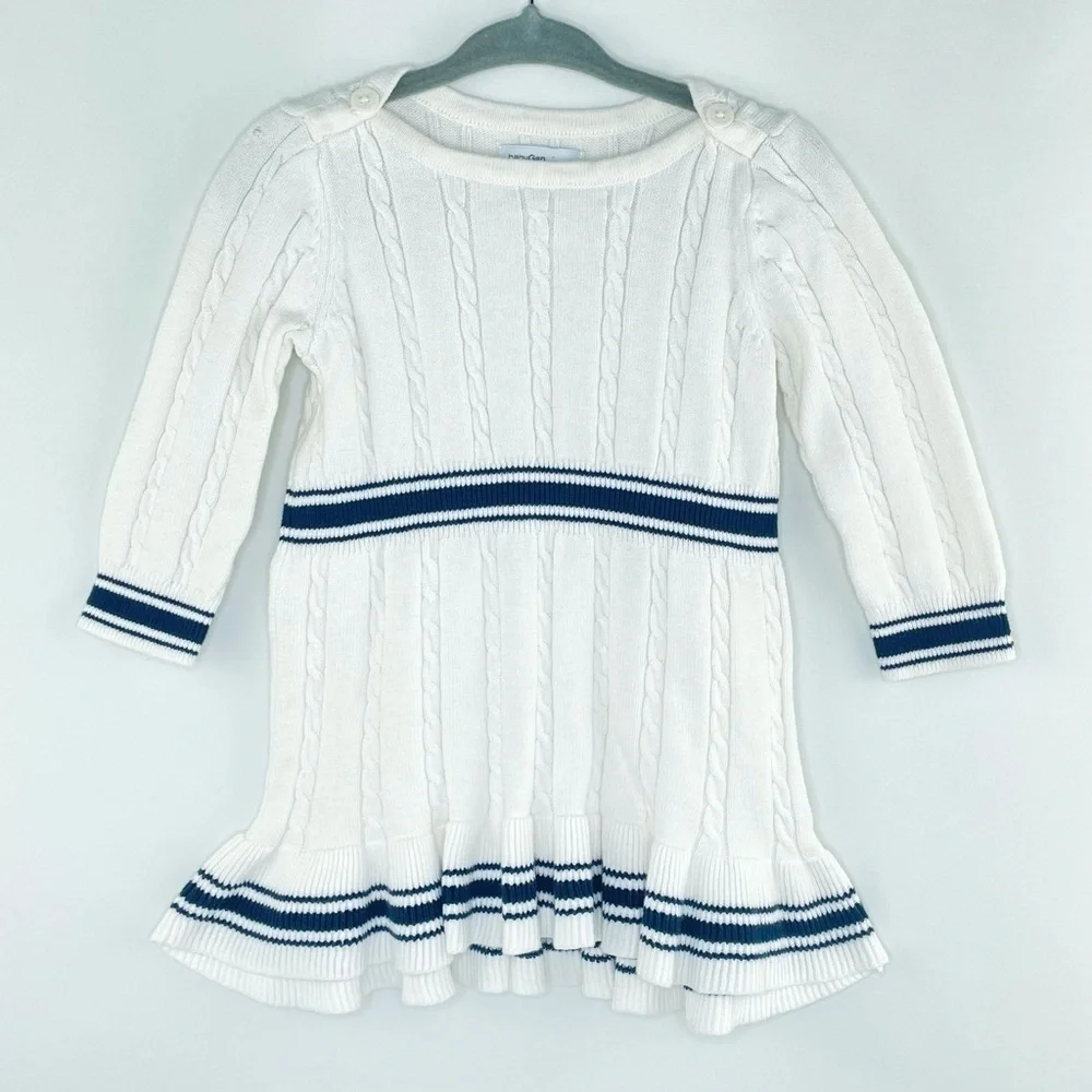 Baby Gap Ivory Frost Navy Cable Knit Long Sleeve Dress Ruffle Hem Sz 6-12 Mo